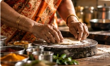Close-up of traditional cooking and rolling dough