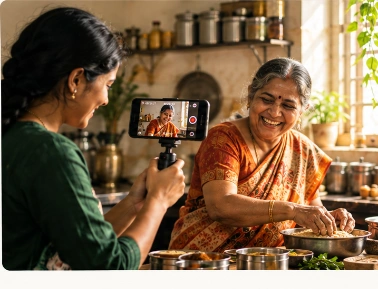 Creator filming mother laughing in kitchen with smartphone