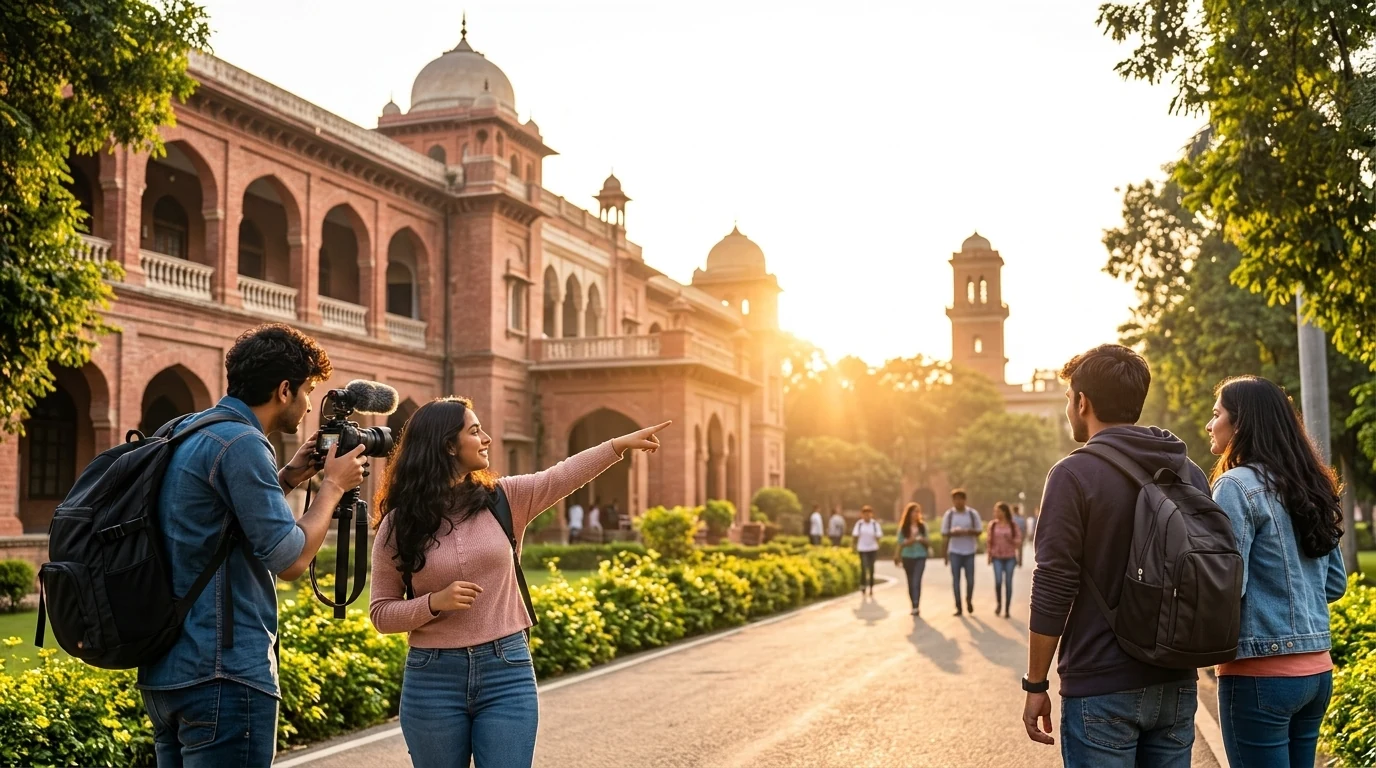 Indian university student filmmakers on campus