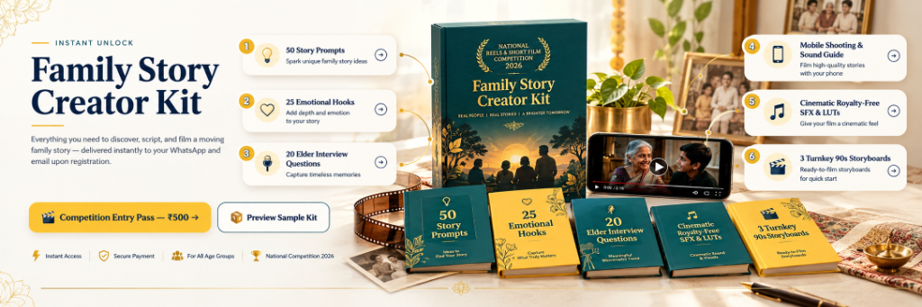 Family Story Creator Kit — 50 Story Prompts, 25 Emotional Hooks, 20 Elder Interview Questions, Mobile Shooting Guide, Cinematic SFX, and Turnkey Storyboards