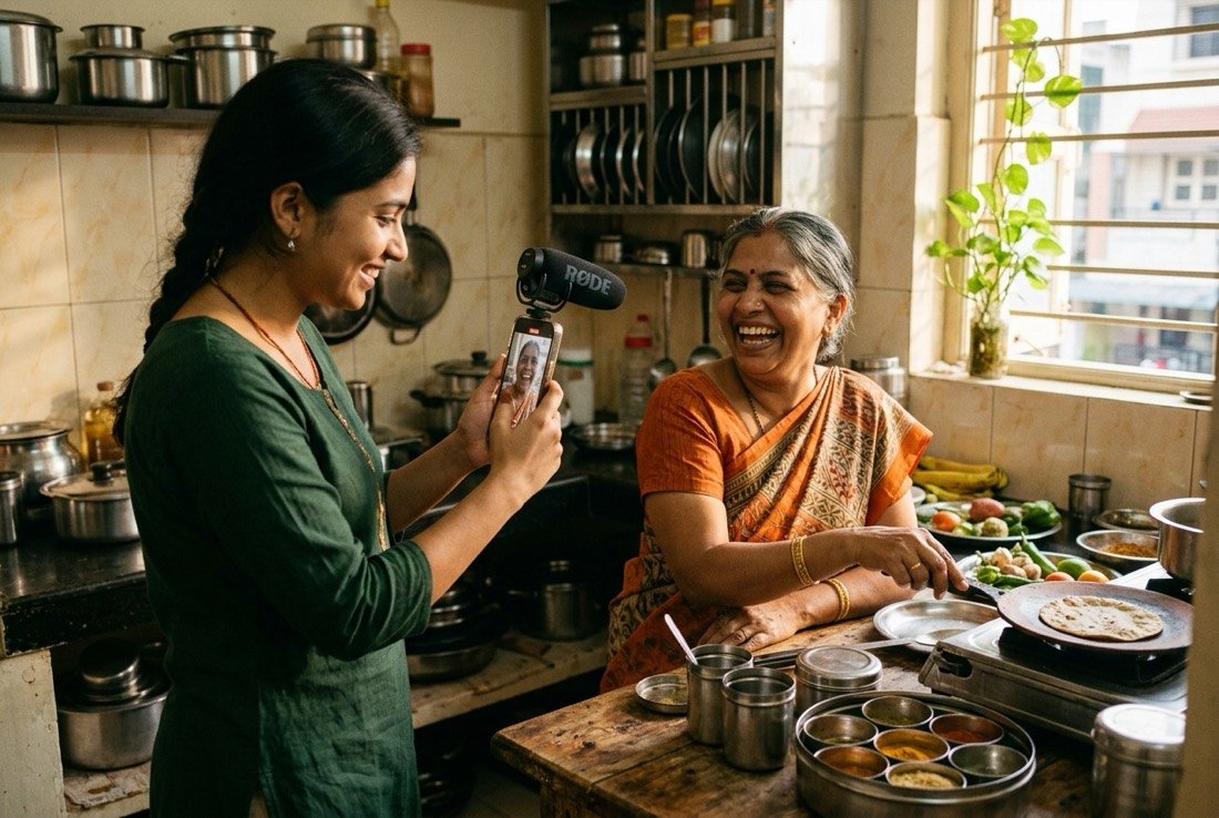 Young Indian woman filming her mother in kitchen