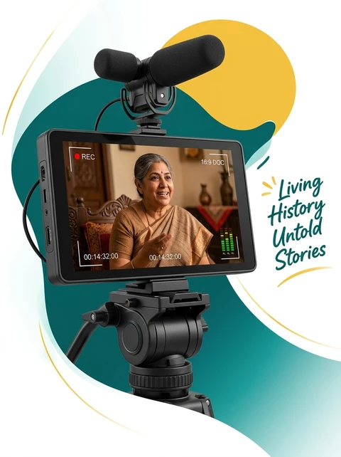 Documentary Segment Format — Professional field monitor and shotgun mic on tripod filming intimate grandmother oral history interview with live timecode