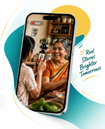 Short Reel Format — Mother and daughter laughing while recording family story on smartphone in 9:16 vertical orientation