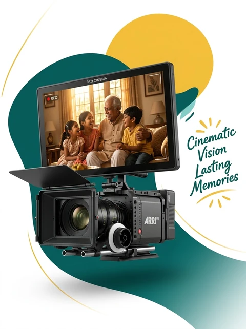 Short Film Format — Cinematic digital cinema camera with matte box and 16:9 widescreen director monitor filming grandfather and grandchildren